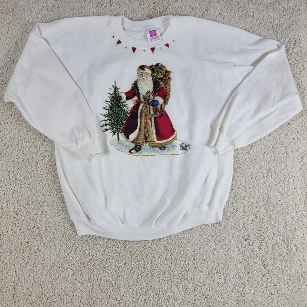 Hanes Her Way XL Santa Christmas Sweatshirt White Glitter Studded Vintage